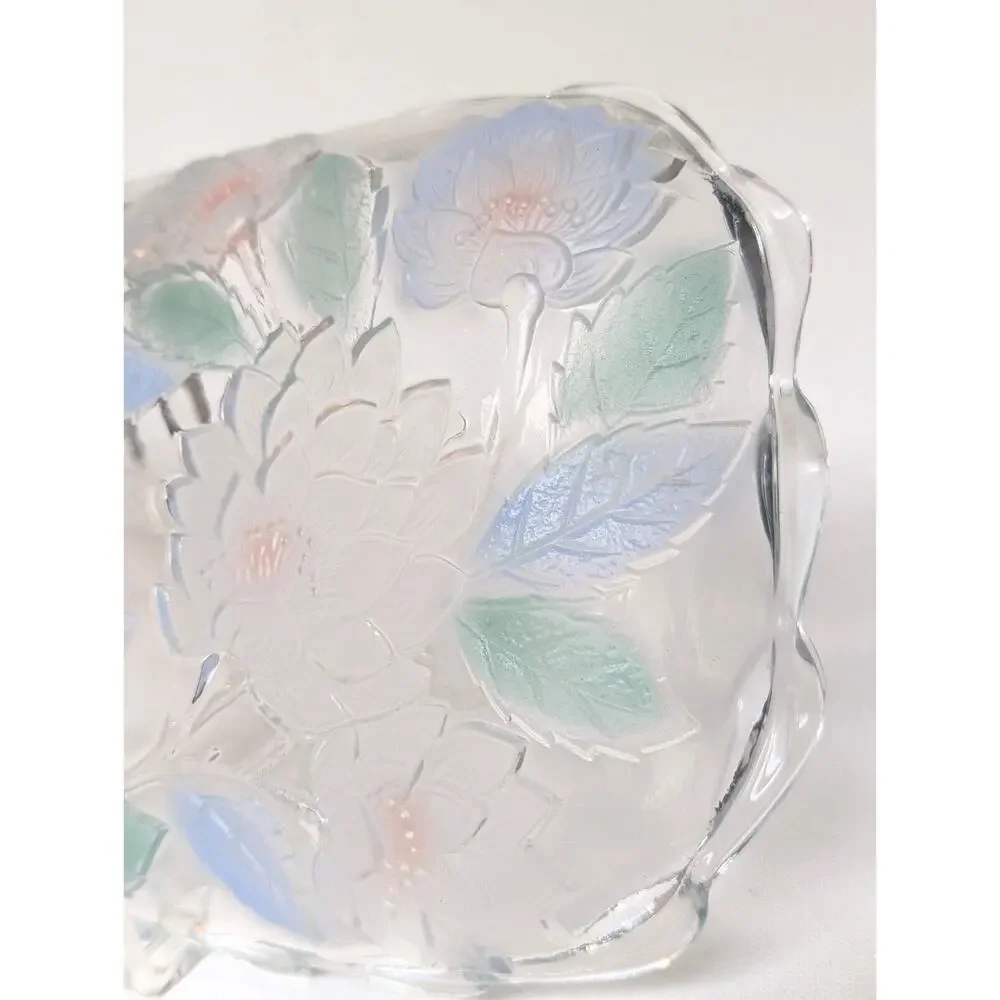 Vintage Crystal Clear Studios Japan Glass Tray – Frosted Chrysanthemum Lotus